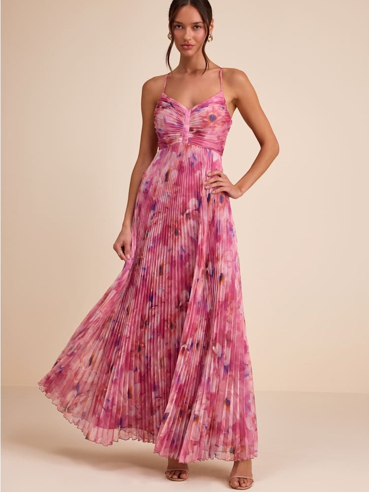 New Never Worn Pink Watercolor Floral Pleated Maxi Dress With Spaghetti Straps